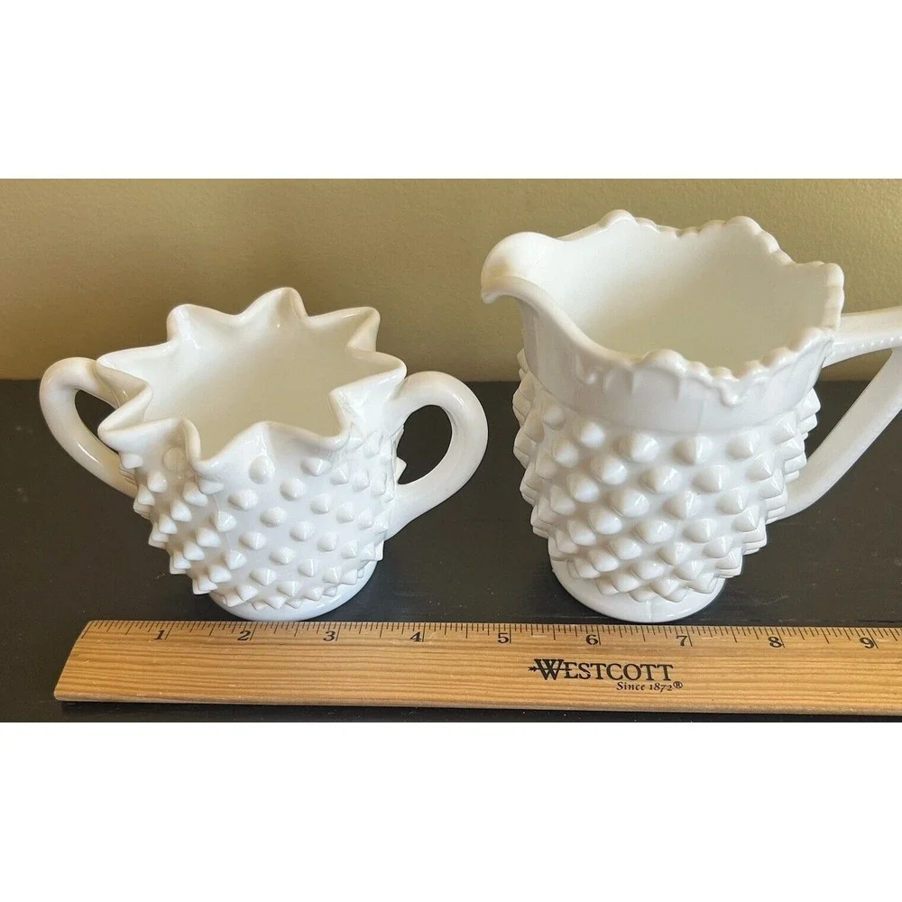 Vintage Fenton Milk Glass Hobnail Star Shaped Creamer and Sugar Bowl‎